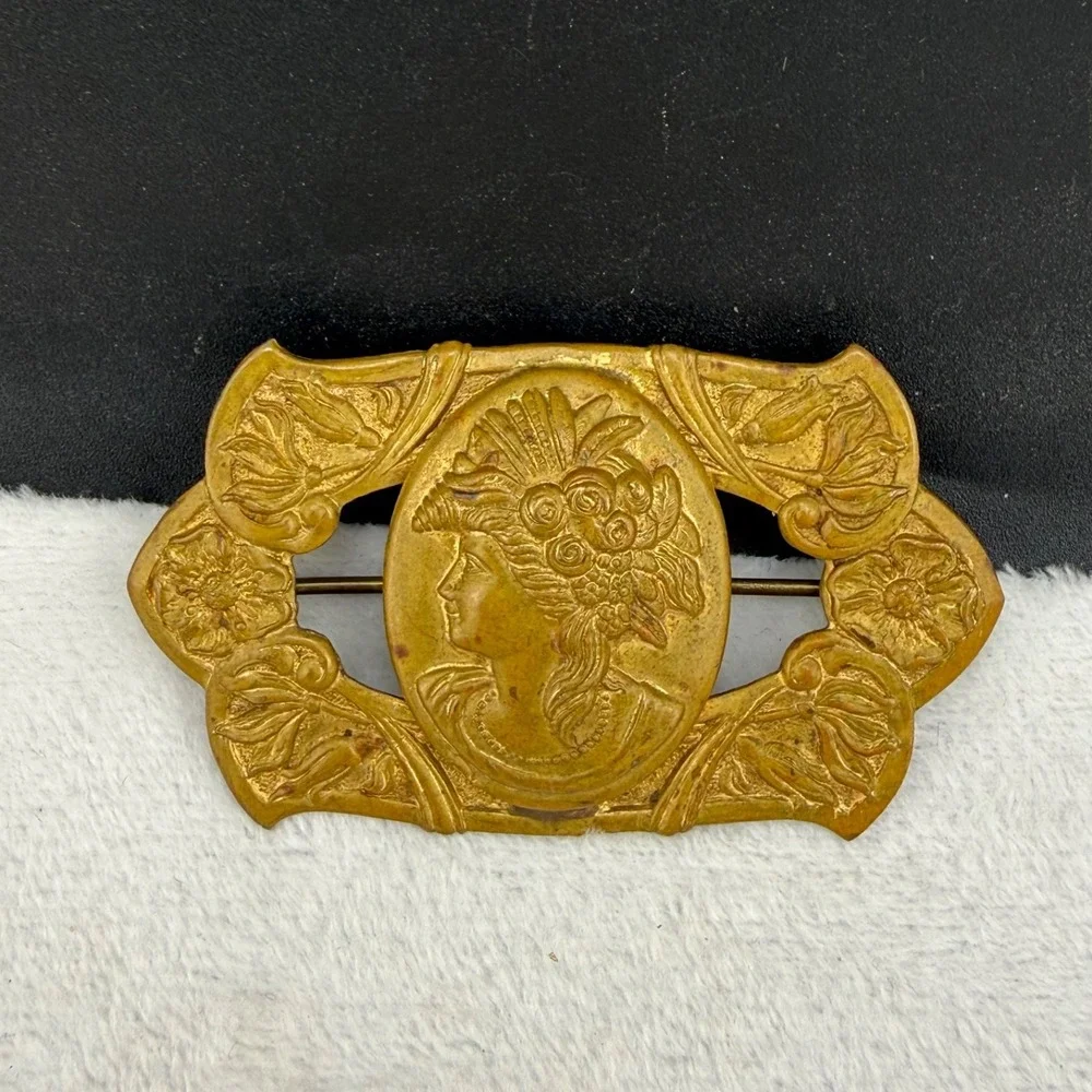 Vintage Brass Cameo Brooch Sash Pin